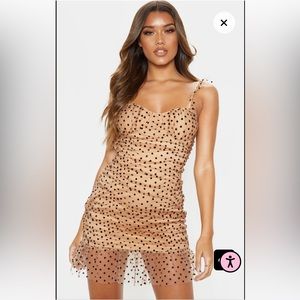 PrettyLittleThing Nude Polka Dot Mesh Frill Dress